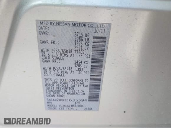 ✅ 2014 Nissan Pathfinder S • VIN: 5N1AR2MNXEC635594 • Lot: 43800747. Listed on IAAI with 176,633 mi. Free auction sales archive from the USA and detailed vehicle history report at DreamBid. Image 9.