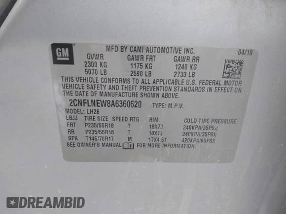 2010 Chevrolet Equinox 2LT с VIN 2CNFLNEW8A6360620, выставлен на аукционе IAAI как лот 43346115 с пробегом 196 322 миль миль и . История ставок и продаж доступна на DreamBid. Изображение 9.