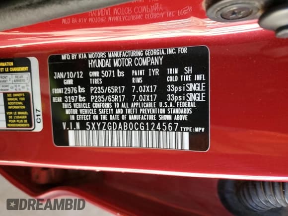 ✅ 2012 Hyundai Santa Fe GLS • VIN: 5XYZGDAB0CG124567 • Lot: 80482164. Listed on Copart with 249,148 mi. Free auction sales archive from the USA and detailed vehicle history report at DreamBid. Image 13.