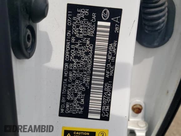 ✅ 2011 Lexus HS 250h • VIN: JTHBB1BA8B2046440 • Lot: 54553555. Listed on Copart with 64,197 mi. Free auction sales archive from the USA and detailed vehicle history report at DreamBid. Image 12.