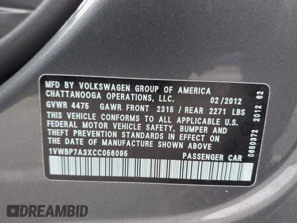 ✅ 2012 Volkswagen Passat SE • VIN: 1VWBP7A3XCC056095 • Lot: 43680865. Listed on IAAI with 152,783 mi. Free auction sales archive from the USA and detailed vehicle history report at DreamBid. Image 9.