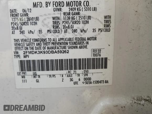 ✅ 2013 Ford Edge Limited • VIN: 2FMDK3K93DBA59262 • Lot: 91898095. Listed on Copart with 152,058 mi. Free auction sales archive from the USA and detailed vehicle history report at DreamBid. Image 13.