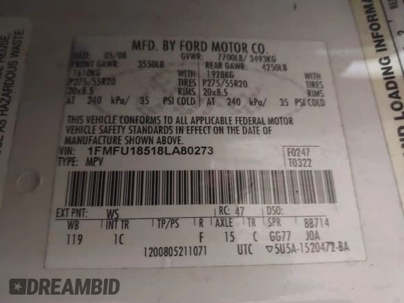 ✅ 2008 Ford Expedition Eddie Bauer • VIN: 1FMFU18518LA80273 • Lot: 41608530. Wystawiony na IAAI z przebiegiem 187 059 mil. Bezpłatny archiwum sprzedaży aukcyjnych z USA i szczegółowy raport historii pojazdu na DreamBid. Zdjęcie 9.