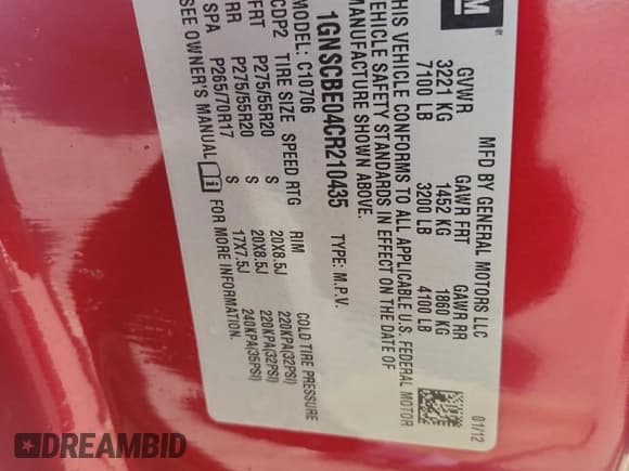 ✅ 2012 Chevrolet Tahoe LT • VIN: 1GNSCBE04CR210435 • Лот: 93326825. Опубликован ранее на Copart с пробегом 147 079 миль. Бесплатный доступ к архиву аукционных продаж из США и подробный отчёт об истории автомобиля на DreamBid. Изображение 14.