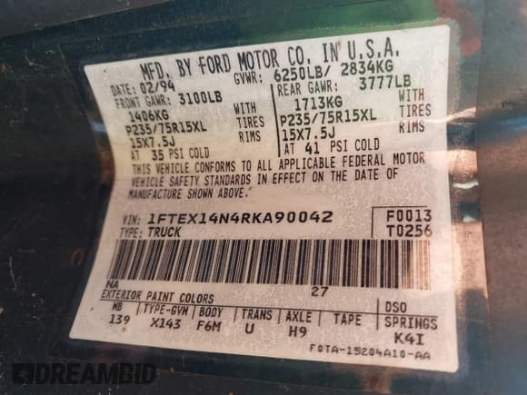 ✅ 1994 Ford F-150 • VIN: 1FTEX14N4RKA90042 • Лот: 43595047. Опубликован ранее на IAAI с пробегом 105 707 миль. Бесплатный доступ к архиву аукционных продаж из США и подробный отчёт об истории автомобиля на DreamBid. Изображение 9.