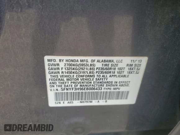 ✅ 2014 Honda Pilot Touring • VIN: 5FNYF3H96EB006433 • Lot: 70204195. Listed on Copart with 188,583 mi. Free auction sales archive from the USA and detailed vehicle history report at DreamBid. Image 13.