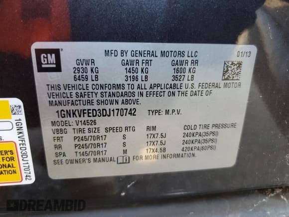 ✅ 2013 Chevrolet Traverse LS • VIN: 1GNKVFED3DJ170742 • Lot: 62386765. Listed on Copart with 208,585 mi. Free auction sales archive from the USA and detailed vehicle history report at DreamBid. Image 13.