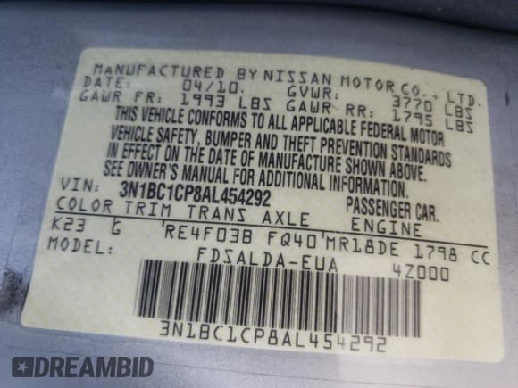 ✅ 2010 Nissan Versa S • VIN: 3N1BC1CP8AL454292 • Lot: 55031695. Listed on Copart with 119,095 mi. Free auction sales archive from the USA and detailed vehicle history report at DreamBid. Image 13.