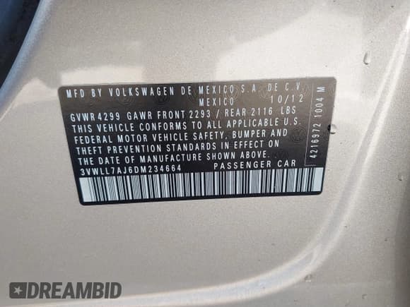 ✅ 2013 Volkswagen Jetta TDI w/Premium • VIN: 3VWLL7AJ6DM234664 • Lot: 41555219. Listed on IAAI with 131,692 mi. Free auction sales archive from the USA and detailed vehicle history report at DreamBid. Image 9.