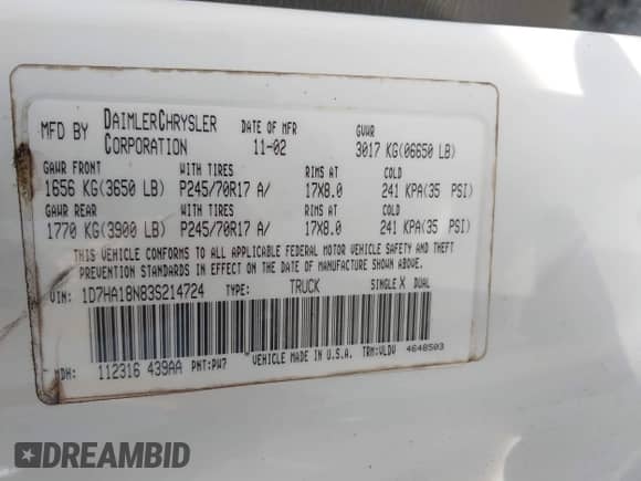 2003 Dodge 1500 ST z VIN 1D7HA18N83S214724, wystawiony jako IAAI lot #42566134 z przebiegiem 280 750 mil mil oraz . Historia ofert i sprzedaży dostępna na DreamBid. Obrazek 9.