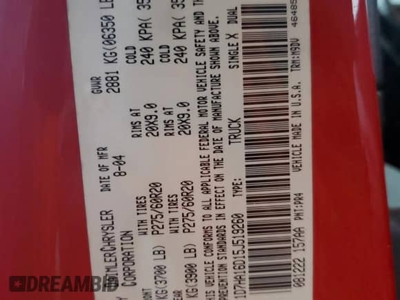 2005 Dodge 1500 SLT z VIN 1D7HA16D15J519260, wystawiony jako Copart lot #78780234 z przebiegiem 135 945 mil mil oraz Szkoda całkowita • Salvage title. Historia ofert i sprzedaży dostępna na DreamBid. Obrazek 13.