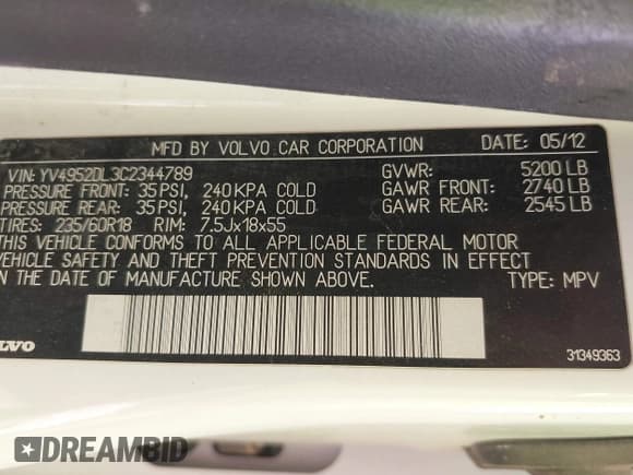 ✅ 2012 Volvo XC60 3.2L • VIN: YV4952DL3C2344789 • Lot: 41807917. Listed on IAAI with 235,939 mi. Free auction sales archive from the USA and detailed vehicle history report at DreamBid. Image 9.