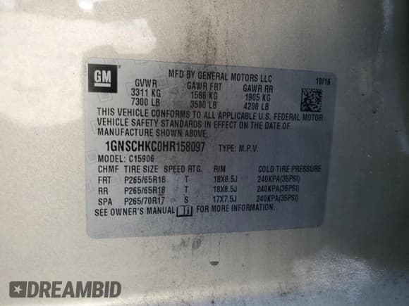 ✅ 2017 Chevrolet Suburban LT • VIN: 1GNSCHKC0HR158097 • Lot: 84901945. Listed on Copart with 123,331 mi. Free auction sales archive from the USA and detailed vehicle history report at DreamBid. Image 14.