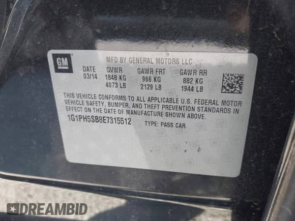 2014 Chevrolet Cruze ECO with VIN 1G1PH5SB8E7315512, listed as a IAAI auction lot 43584581 with 115,598 mi miles and . Bid and sale history available at DreamBid. Image 9.