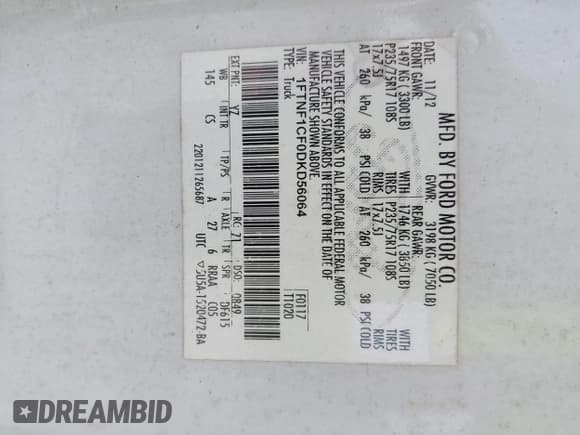 ✅ 2013 Ford F-150 XL • VIN: 1FTNF1CF0DKD56064 • Lot: 43253617. Wystawiony na IAAI z przebiegiem 218 013 mil. Bezpłatny archiwum sprzedaży aukcyjnych z USA i szczegółowy raport historii pojazdu na DreamBid. Zdjęcie 9.