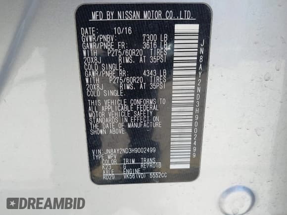 ✅ 2017 Nissan Armada Platinum • VIN: JN8AY2ND3H9002499 • Lot: 43336026. Listed on IAAI with 162,207 mi. Free auction sales archive from the USA and detailed vehicle history report at DreamBid. Image 9.