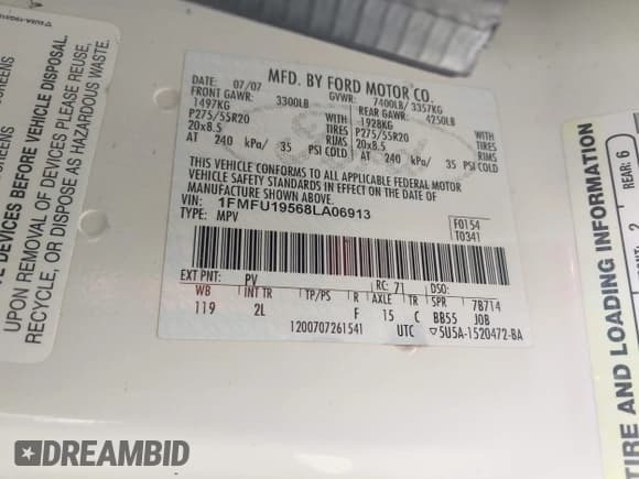 ✅ 2008 Ford Expedition Limited • VIN: 1FMFU19568LA06913 • Lot: 42324971. Listed on IAAI with 154,271 mi. Free auction sales archive from the USA and detailed vehicle history report at DreamBid. Image 9.