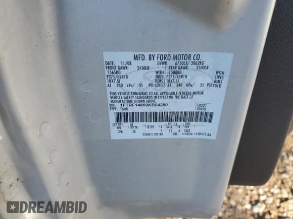 ✅ 2009 Ford F-150 • VIN: 1FTRF14869KB04280 • Lot: 90080955. Listed on Copart with 196,916 mi. Free auction sales archive from the USA and detailed vehicle history report at DreamBid. Image 12.