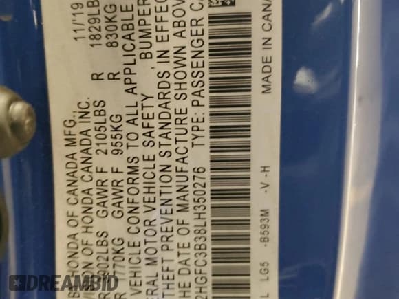 ✅ 2020 Honda Civic EX • VIN: 2HGFC3B38LH350276 • Лот: 85894415. Опубликован ранее на Copart с пробегом Не указан. Бесплатный доступ к архиву аукционных продаж из США и подробный отчёт об истории автомобиля на DreamBid. Изображение 12.