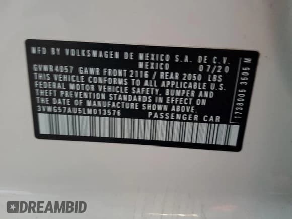 ✅ 2020 Volkswagen Golf TSI • VIN: 3VWG57AU5LM013576 • Lot: 82678775. Listed on Copart with 41,791 mi. Free auction sales archive from the USA and detailed vehicle history report at DreamBid. Image 12.