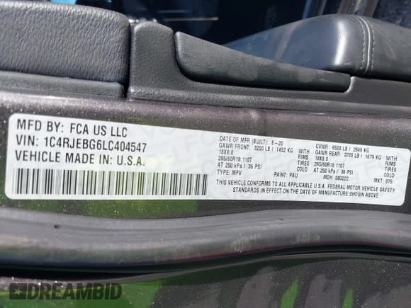 ✅ 2020 Jeep Grand Cherokee Limited • VIN: 1C4RJEBG6LC404547 • Lot: 43207346. Listed on IAAI with 129,631 mi. Free auction sales archive from the USA and detailed vehicle history report at DreamBid. Image 9.