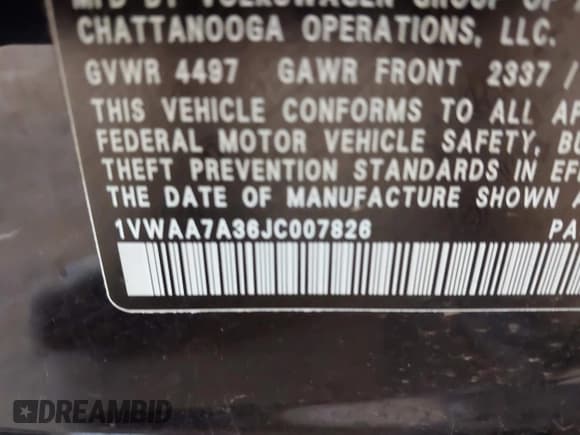 ✅ 2018 Volkswagen Passat S • VIN: 1VWAA7A36JC007826 • Lot: 42883696. Listed on IAAI with 51,326 mi. Free auction sales archive from the USA and detailed vehicle history report at DreamBid. Image 9.