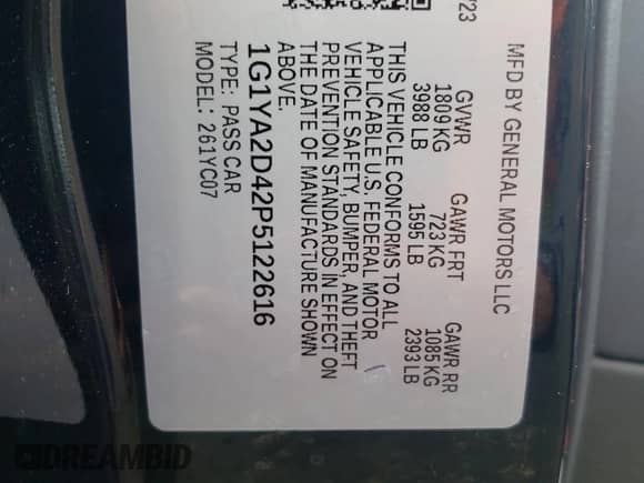 2023 Chevrolet Corvette 1LT с VIN 1G1YA2D42P5122616, выставлен на аукционе Copart как лот 63721924 с пробегом 5 175 миль миль и Списание • Salvage title. История ставок и продаж доступна на DreamBid. Изображение 12.