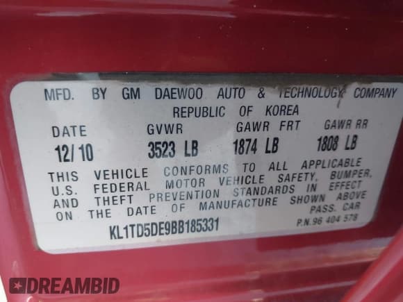 ✅ 2011 Chevrolet Aveo 1LT • VIN: KL1TD5DE9BB185331 • Lot: 41580030. Wystawiony na IAAI z przebiegiem 119 501 mil. Bezpłatny archiwum sprzedaży aukcyjnych z USA i szczegółowy raport historii pojazdu na DreamBid. Zdjęcie 9.