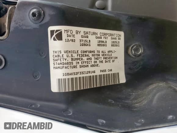 2003 Saturn ION ION 3 with VIN 1G8AK52F33Z129146, listed as a Copart auction lot 68815615 with 202,231 mi miles and Salvage title. Bid and sale history available at DreamBid. Image 12.