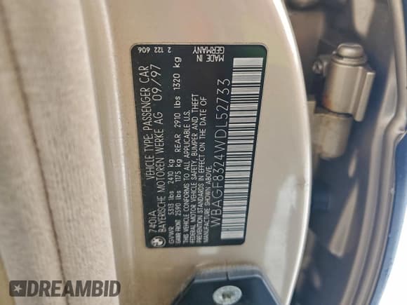 ✅ 1998 BMW 7 Series 740i • VIN: WBAGF8324WDL52733 • Lot: 95207685. Wystawiony na Copart z przebiegiem Nie podano. Bezpłatny archiwum sprzedaży aukcyjnych z USA i szczegółowy raport historii pojazdu na DreamBid. Zdjęcie 12.