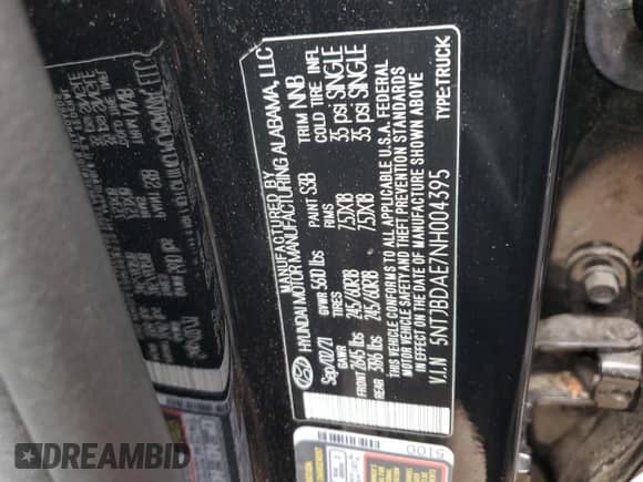 2022 Hyundai Santa Cruz SEL с VIN 5NTJBDAE7NH004395, выставлен на аукционе Copart как лот 68987174 с пробегом Не указан миль и Списание • Salvage title. История ставок и продаж доступна на DreamBid. Изображение 14.