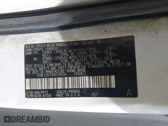 ✅ 2006 Toyota Tundra SR5 • VIN: 5TBET34116S518554 • Lot: 42694273. Listed on IAAI with 253,551 mi. Free auction sales archive from the USA and detailed vehicle history report at DreamBid. Image 9.