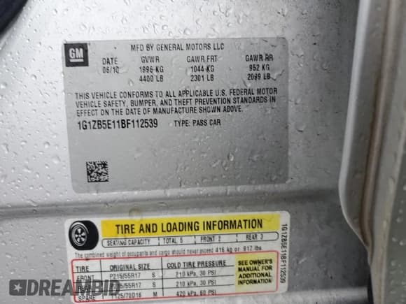 ✅ 2011 Chevrolet Malibu 1LS • VIN: 1G1ZB5E11BF112539 • Lot: 84237664. Listed on Copart with 54,224 mi. Free auction sales archive from the USA and detailed vehicle history report at DreamBid. Image 14.