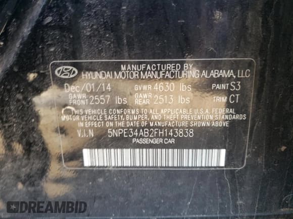 ✅ 2015 Hyundai Sonata Sport • VIN: 5NPE34AB2FH143838 • Lot: 50881473. Listed on Copart with 108,083 mi. Free auction sales archive from the USA and detailed vehicle history report at DreamBid. Image 13.