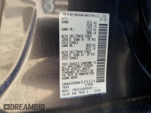 ✅ 2019 Nissan Titan SV • VIN: 1N6AA1E66KN525121 • Lot: 93927545. Wystawiony na Copart z przebiegiem 142 251 mil. Bezpłatny archiwum sprzedaży aukcyjnych z USA i szczegółowy raport historii pojazdu na DreamBid. Zdjęcie 12.