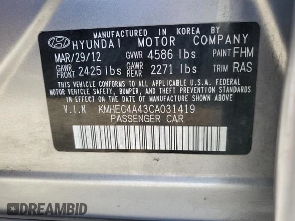 ✅ 2012 Hyundai Sonata Hybrid • VIN: KMHEC4A43CA031419 • Lot: 66244164. Listed on Copart with 234,232 mi. Free auction sales archive from the USA and detailed vehicle history report at DreamBid. Image 12.