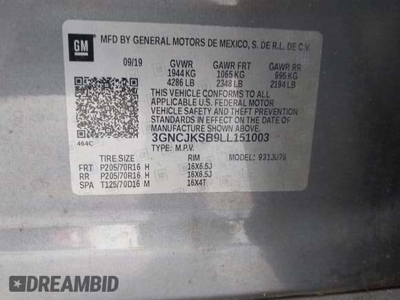 ✅ 2020 Chevrolet Trax LS • VIN: 3GNCJKSB9LL151003 • Lot: 43385095. Listed on IAAI with 112,615 mi. Free auction sales archive from the USA and detailed vehicle history report at DreamBid. Image 9.