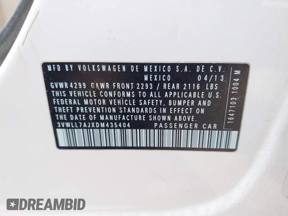 ✅ 2013 Volkswagen Jetta TDI w/Premium/Nav • VIN: 3VWLL7AJXDM435404 • Lot: 43149731. Listed on IAAI with 187,402 mi. Free auction sales archive from the USA and detailed vehicle history report at DreamBid. Image 9.