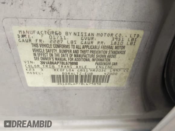 ✅ 2011 Nissan Sentra S • VIN: 3N1AB6AP7BL679898 • Лот: 42404235. Опубликован ранее на IAAI с пробегом 178 214 миль. Бесплатный доступ к архиву аукционных продаж из США и подробный отчёт об истории автомобиля на DreamBid. Изображение 9.