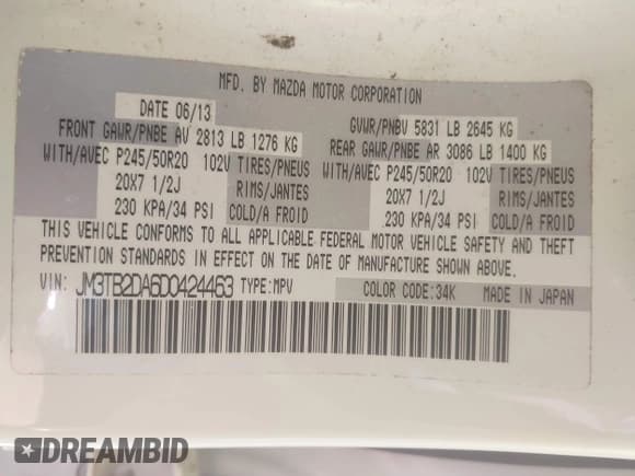 ✅ 2013 Mazda CX-9 Grand Touring • VIN: JM3TB2DA6D0424463 • Lot: 43422400. Wystawiony na IAAI z przebiegiem 123 157 mil. Bezpłatny archiwum sprzedaży aukcyjnych z USA i szczegółowy raport historii pojazdu na DreamBid. Zdjęcie 9.