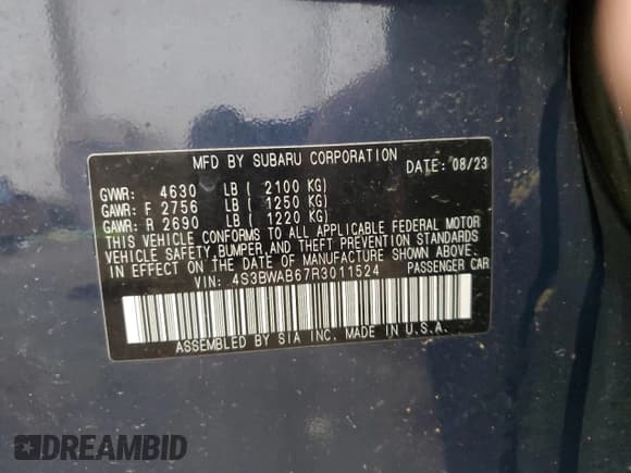 ✅ 2024 Subaru Legacy • VIN: 4S3BWAB67R3011524 • Lot: 45156915. Listed on Copart with 40,391 mi. Free auction sales archive from the USA and detailed vehicle history report at DreamBid. Image 12.