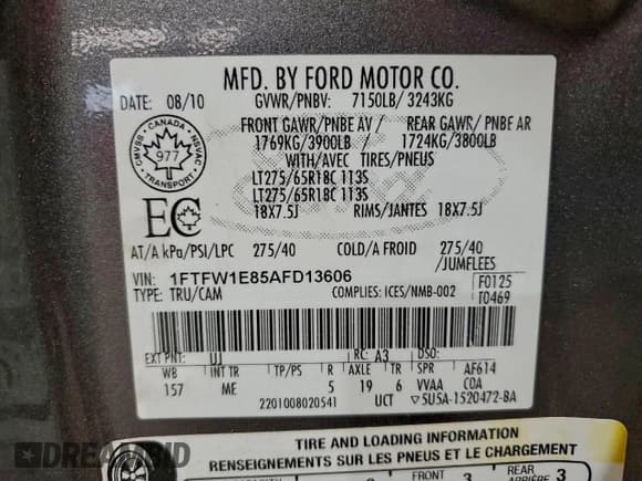 ✅ 2010 Ford F-150 XL • VIN: 1FTFW1E85AFD13606 • Lot: 96745715. Listed on Copart with 168,537 mi. Free auction sales archive from the USA and detailed vehicle history report at DreamBid. Image 12.