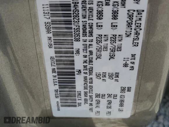 ✅ 2001 Dodge Durango • VIN: 1B4HS28Z31F553538 • Лот: 64030555. Опубликован ранее на Copart с пробегом 171 863 миль. Бесплатный доступ к архиву аукционных продаж из США и подробный отчёт об истории автомобиля на DreamBid. Изображение 13.