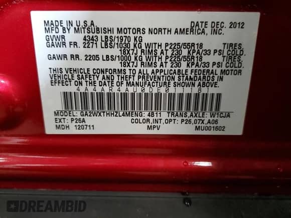 2013 Mitsubishi Outlander SE с VIN 4A4AR4AU0DE011181, выставлен на аукционе Copart как лот 87367045 с пробегом Не указан миль и Списание • Salvage title. История ставок и продаж доступна на DreamBid. Изображение 13.