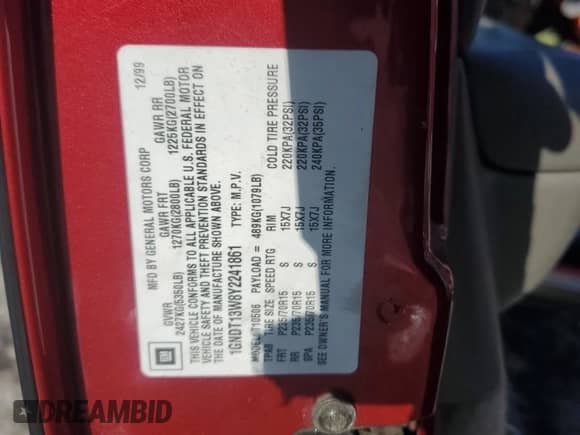 2000 Chevrolet Blazer LT z VIN 1GNDT13W8Y2241861, wystawiony jako Copart lot #41696815 z przebiegiem 128 073 mil mil oraz Szkoda całkowita • Salvage title. Historia ofert i sprzedaży dostępna na DreamBid. Obrazek 15.