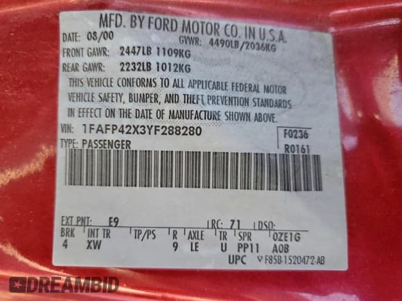 ✅ 2000 Ford Mustang GT • VIN: 1FAFP42X3YF288280 • Lot: 94553955. Listed on Copart with 212,782 mi. Free auction sales archive from the USA and detailed vehicle history report at DreamBid. Image 12.