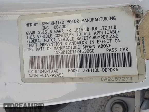 ✅ 2001 Toyota Corolla CE • VIN: 1NXBR12E71Z453860 • Lot: 43207594. Wystawiony na IAAI z przebiegiem 206 849 mil. Bezpłatny archiwum sprzedaży aukcyjnych z USA i szczegółowy raport historii pojazdu na DreamBid. Zdjęcie 9.