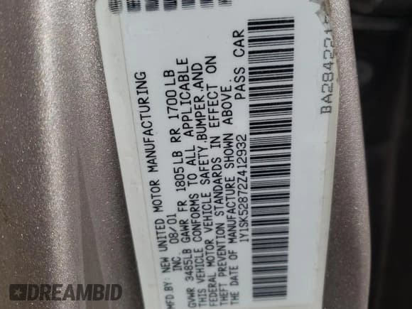 ✅ 2002 Chevrolet Prizm • VIN: 1Y1SK52872Z412932 • Lot: 81051604. Listed on Copart with 126,544 mi. Free auction sales archive from the USA and detailed vehicle history report at DreamBid. Image 12.