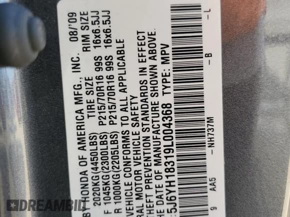 ✅ 2009 Honda Element LX • VIN: 5J6YH18319L004368 • Lot: 82520735. Listed on Copart with 190,625 mi. Free auction sales archive from the USA and detailed vehicle history report at DreamBid. Image 12.