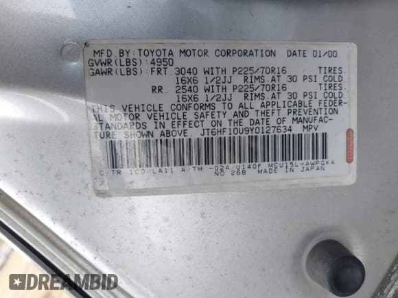 ✅ 2000 Lexus RX 300 • VIN: JT6HF10U9Y0127634 • Lot: 43681825. Wystawiony na IAAI z przebiegiem 207 492 mil. Bezpłatny archiwum sprzedaży aukcyjnych z USA i szczegółowy raport historii pojazdu na DreamBid. Zdjęcie 9.